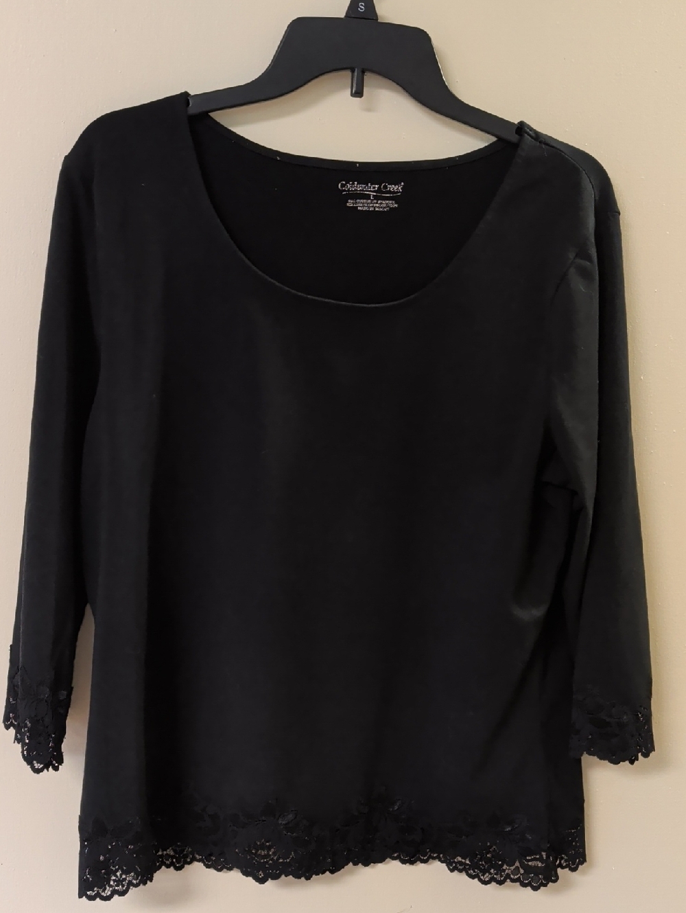 Coldwater Creek Black Lace-Trim 3/4 Sleeve Scoop Top